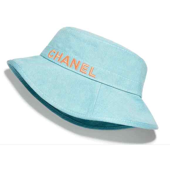 Chanel 21S Blue Orange CC Logo Denim Cotton Cloche Sun Bucket Hat M Medium - Picture 1 of 12
